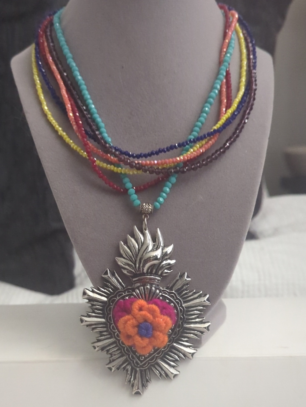 Colorful Beaded Multi-Strand Necklace with Silver Floral Heart Pendant
